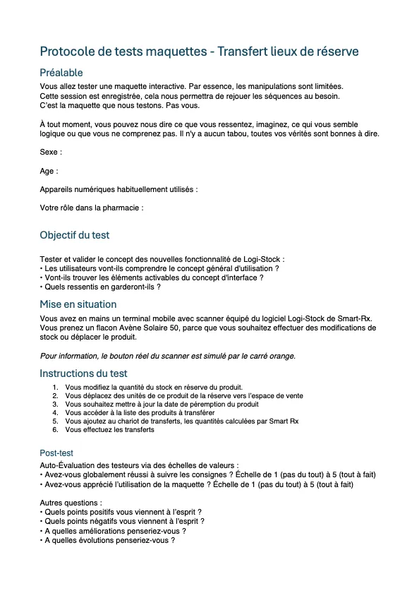 Protocole de test de transfert de produits